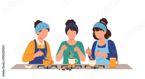 Group of Three Women Enjoying Coffee at Kitchen Table