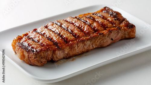 グリルの焼き目が美しいジューシーな豚ステーキを白い皿に盛り付けた一皿