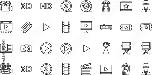 Cinema And Movie Production Line Icon Set Featuring Movie Camera Film Strip Popcorn Video Player Tickets And Director Chair For Media And Entertainment Industry Designs