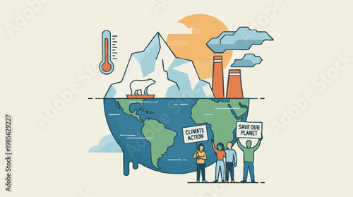 Climate Change Action: Earth with Melting Ice, Pollution, and Protestors