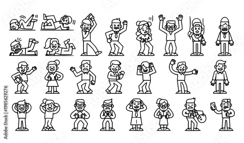 Geometric funny people bold outline character collection with humorous actions line art vector illustration
