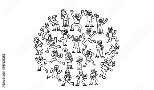 Funny people bold line art characters in circular layout with humorous poses and expressions vector set