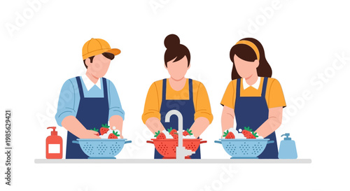 Group of People Cooking and Preparing Food in Modern Kitchen