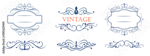 Vintage ornamental frames and flourishes set on white. Horizontal vector with blue calligraphic swirls and dividers for elegant invitations, certificates, and branding decoration.