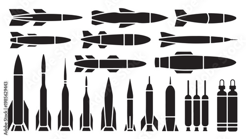 Collection of Military Bombs, Missiles, and Rockets Silhouettes