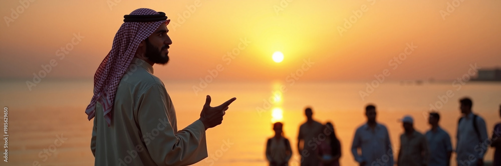 Fototapeta premium Traditional gathering at sunset with speaker engaging audience along the beach. Gathering includes diverse participants listening attentively while the sun sets on the horizon.