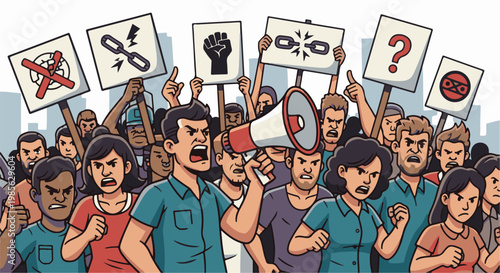 Angry crowd with signs and megaphone protests in a city