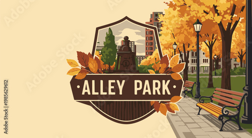 Autumnal park scene with monument, benches, and autumn leaves