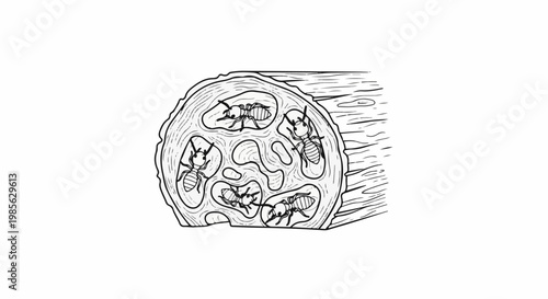 Black and white drawing of termites inside a hollowed-out log, showing tunnels