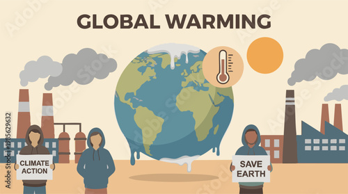 Global warming and climate change action illustration with melting Earth