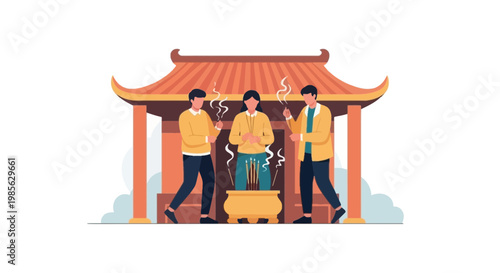 People Enjoying Tea in Traditional Asian Pavilion