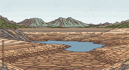 Cracked earth landscape with a small body of water and distant mountains