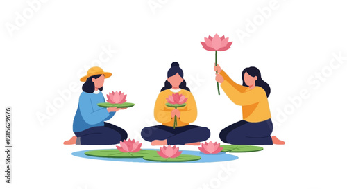 Women Practicing Lotus Meditation with Pink Lotus Flowers Illustration