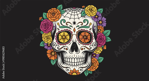 Decorated skull with colorful flowers, black background