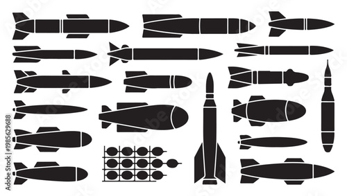 Diverse Collection of Military Bombs and Missiles Silhouettes