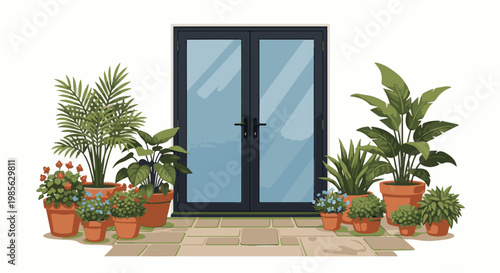 Potted plants surround a glass-paned door on a paved patio