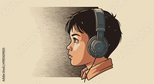 Profile of a young person wearing headphones, listening intently
