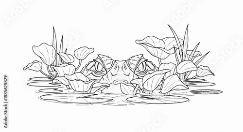 Reptile's intense gaze emerges from lush aquatic foliage, water ripples