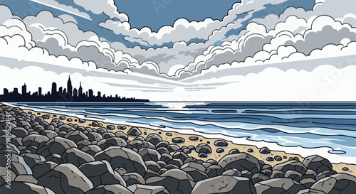 Rocky beach with a city skyline and choppy ocean under a cloudy sky