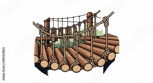Rustic rope and log bridge structure with greenery in background