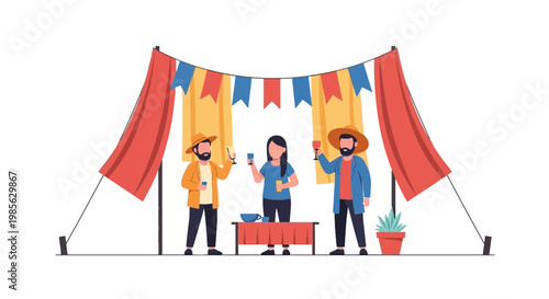 Festive Celebration with Friends Under Colorful Canopy