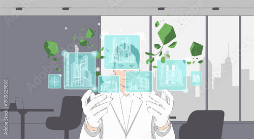 Scientist interacts with holographic projections of industry and abstract data