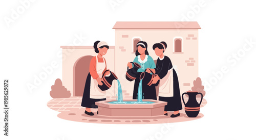 Traditional Women in Historical Village Gathering Around Fountain
