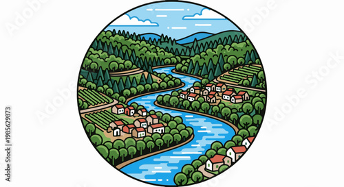 Scenic village nestled between lush green hills and a winding blue river