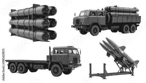 Military Trucks and Missile Launchers in Grayscale Illustration