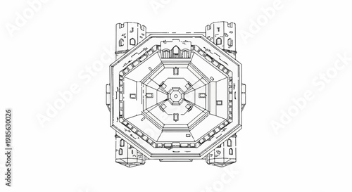Top-down detailed blueprint of a fortress with octagonal courtyard and turrets