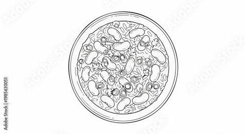 Top-down sketch of a round bowl filled with beans and sliced vegetables