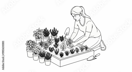 Woman kneeling and planting young green plants in a raised garden bed