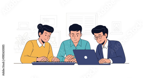 Business Meeting with Three Professionals Collaborating at Desk