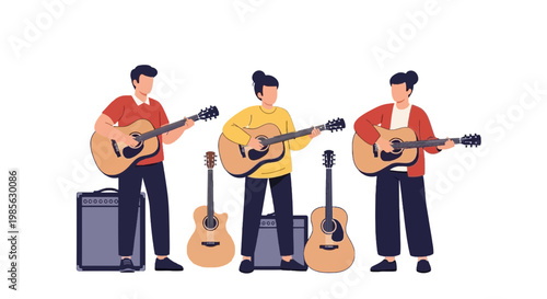 Young Musicians Playing Acoustic Guitar in a Band Setting