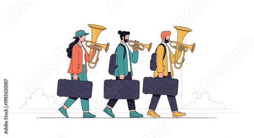 Musicians Walking with Trombones in a Modern Artistic Style