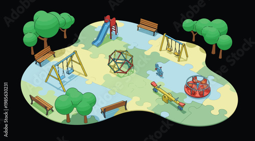 Isometric playground equipment and park elements on puzzle piece ground