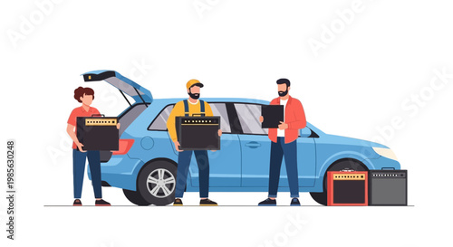 Car Repair Scene with Mechanics and Tools