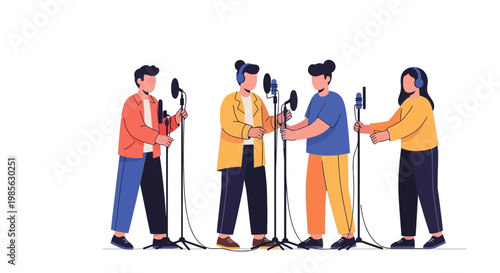 Group of People Recording Studio Podcasts with Microphones