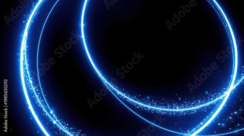 Bright blue circles, swirling lines, sparkling particles against dark background. Abstract digital illustration, energetic visual effect.
