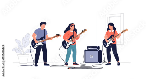 Young People Playing Electric Guitars in Practice Room