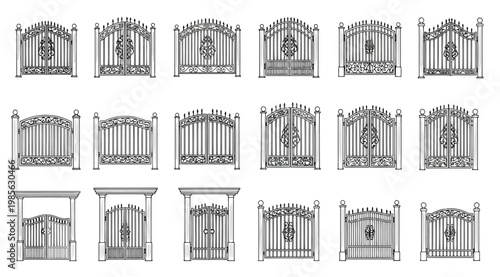 Set of decorative metal gates with ornate patterns and classic design elements