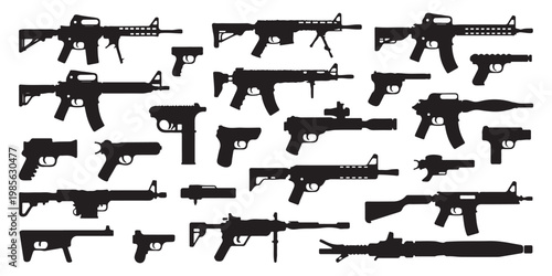 Diverse set of gun silhouettes featuring pistols and automatic rifles