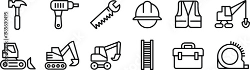 Construction tools and equipment icon set including drill hammer wrench helmet vest excavator crane truck toolbox linear outline design vector