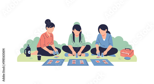 Children Playing Card Game Outdoors on Grass