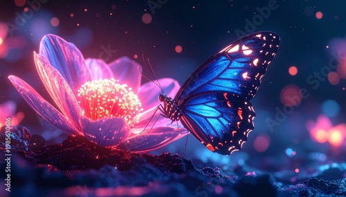 Vibrant butterfly on glowing purple flower.