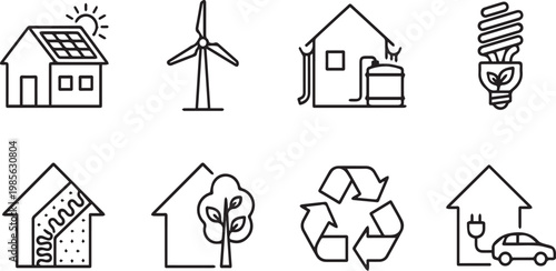 Sustainable green energy icon set, eco friendly house and renewable power symbols, 8 black line vector elements for environmental conservation