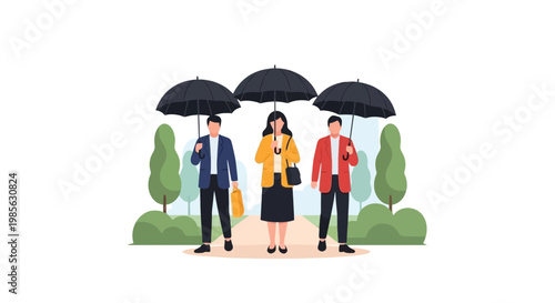 Business Professionals Standing Under Umbrellas in a Park
