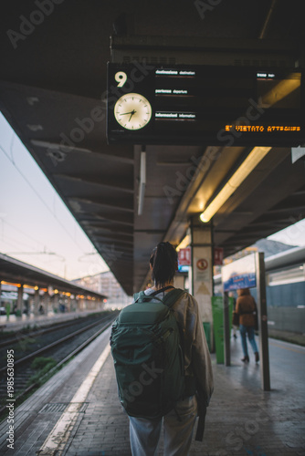 Modern traveler standing with backpack at station