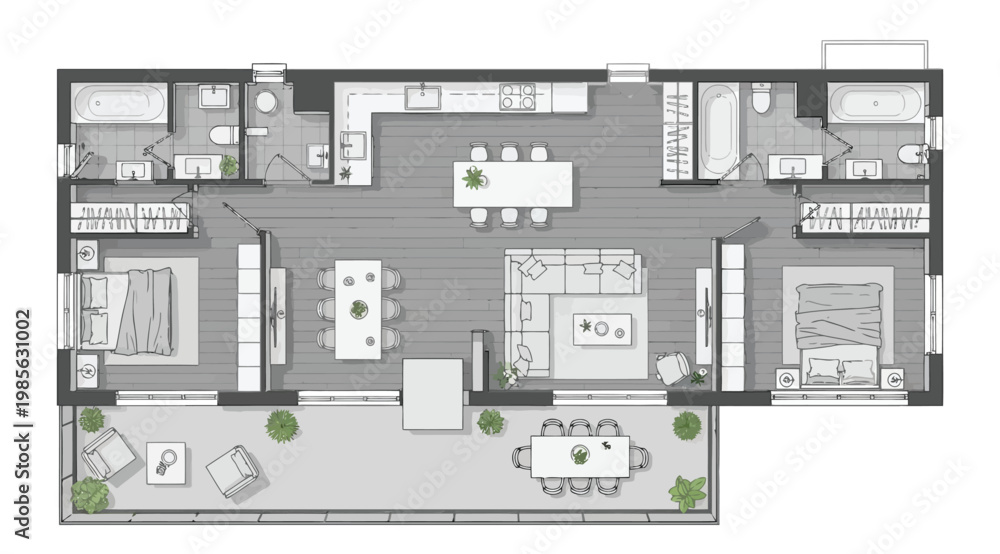 Obraz premium Modern apartment floor plan with two bedrooms, two bathrooms, open concept kitchen and living area, and a large terrace