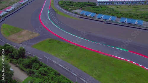 Motorcycle racing Mandalika Street Circuit Lombok. Smooth aerial view drone